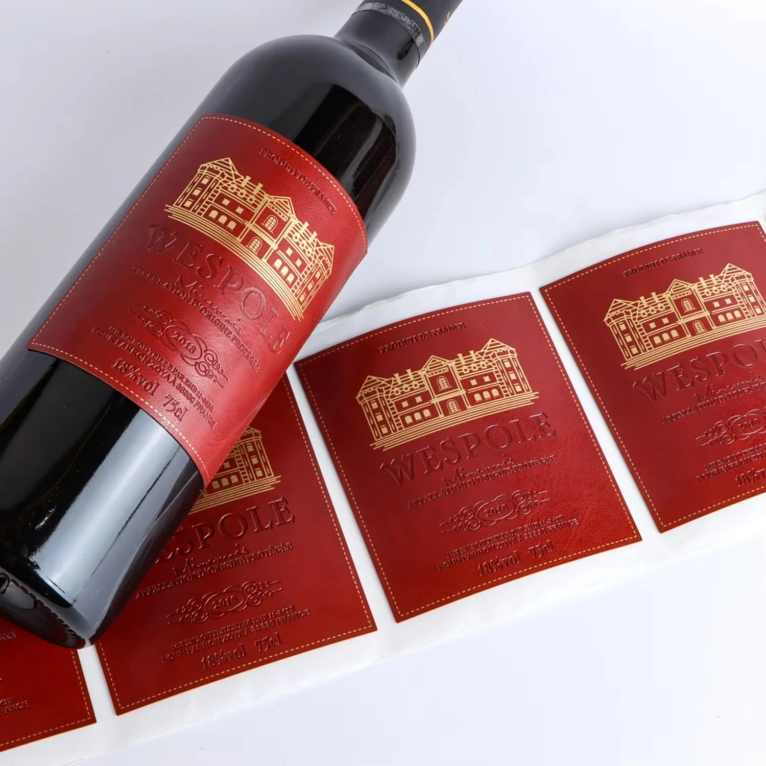 Custom Logo Wine Bottle Labels | Elegant Leather Finish Adhesive Stickers for Beverage Packaging - Detail 1