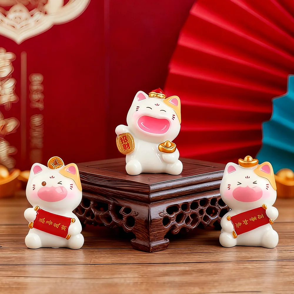 6Pcs Mini Lucky Cat Ornaments Cute Maneki Neko Statues Ornaments Lucky Beckoning Cat Car Decor Feng Shui Miniature Decoration