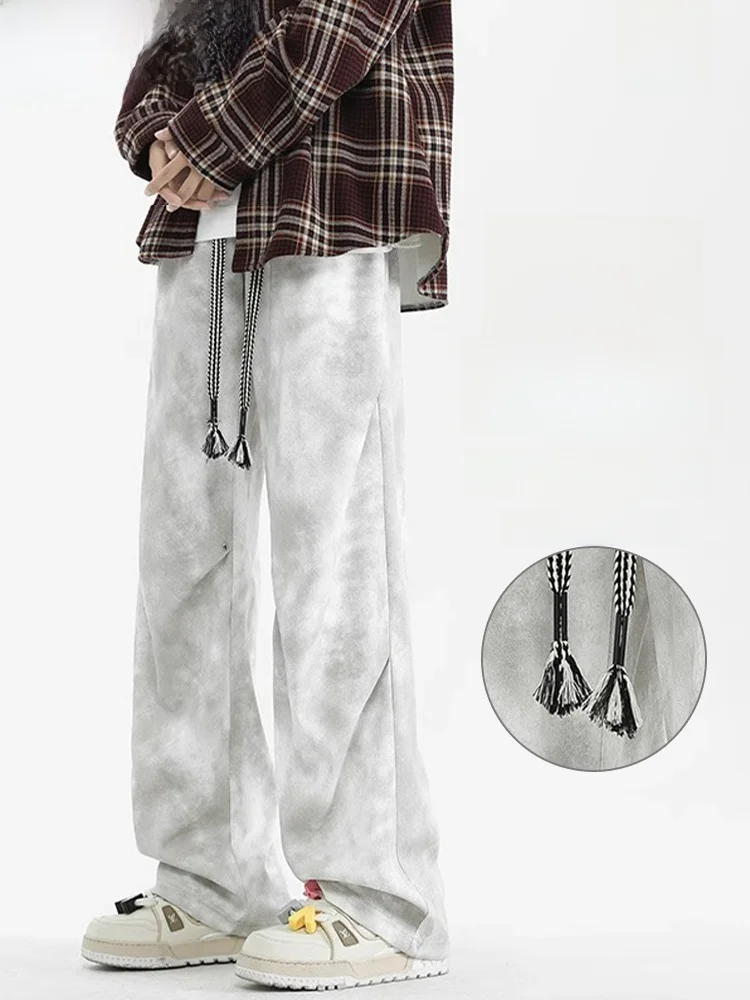 

Wassup Palm Men's Loose Straight Leg Casual Pants Tie Dye American Sle Spring Autumn Trendy Wide Leg Trousers