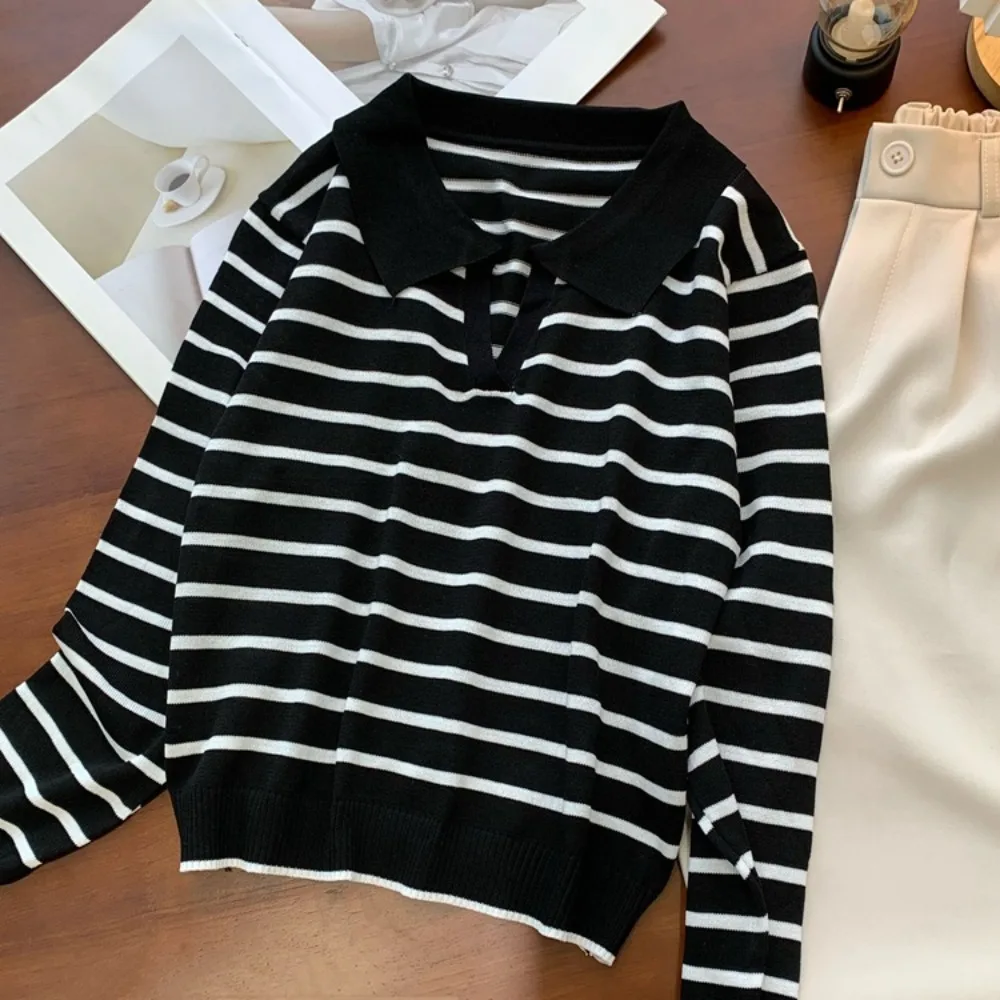 

Элегантный топ в полоску с v-образным вырезом и длинными рукавами, тонкий облегающий трикотаж в стиле пэчворк Y2k, пуловер с лацканами, футболка в полоску, осень-весна