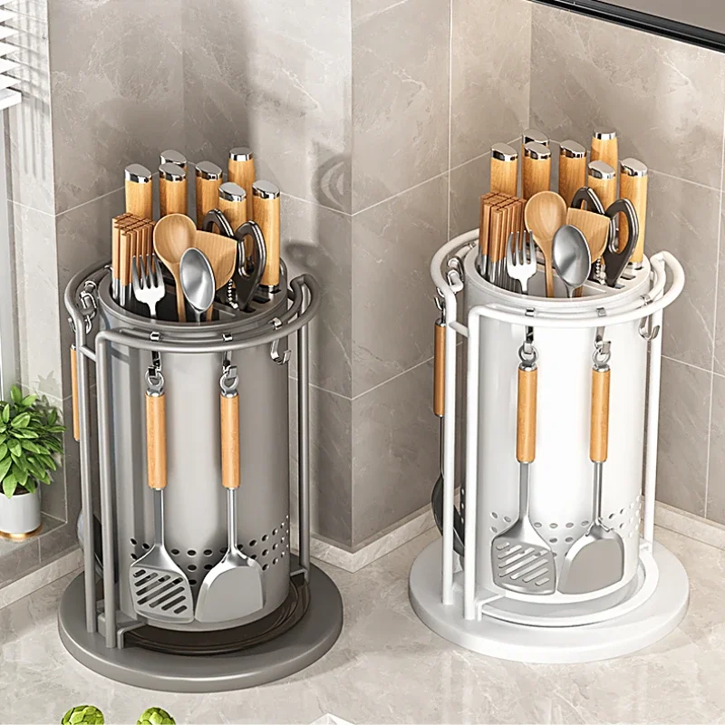 

Kitchen Large Capacity Knife Rack Multifunctional Chopstick Tube 360 Rotating Cutter Organizer Stainless Steel Storage Shelves