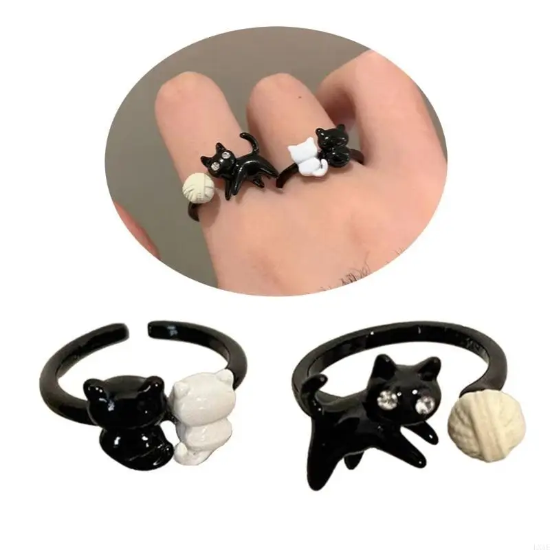 Set of 2 Black Open Rings Women Fashion Couple Rings Wedding Finger Accessories Jewelry Female Aesthetic Finger Rings