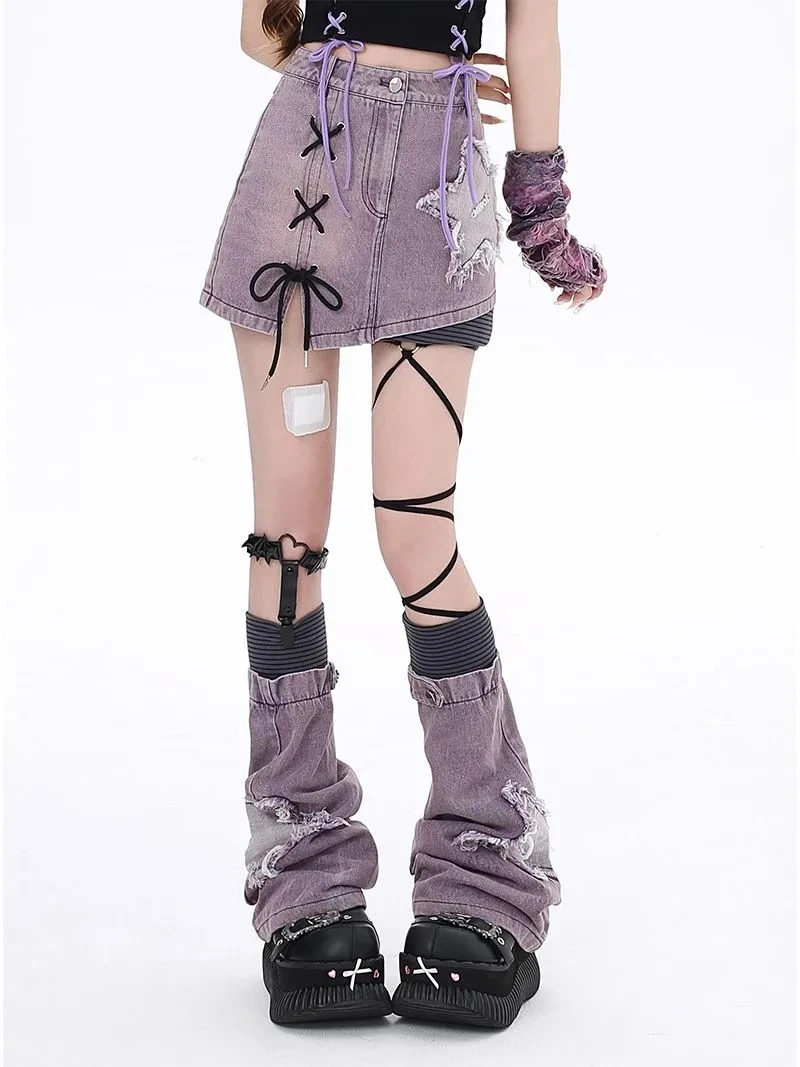 Women's Purple Star Skirt Leg Set Y2K Fashion Japanese Streetwear Academy Sexy Harajuku Retro 2000s Mini Skirt 2024 Clothing New