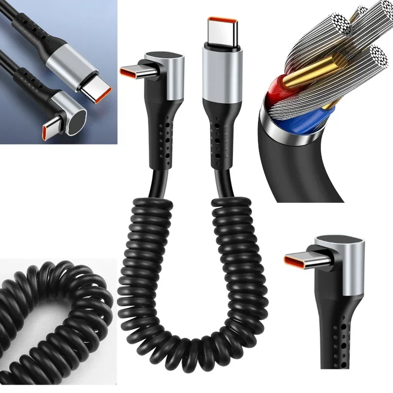 66W 90 Degree Spring USB Type C Cable Mobile Phone 6A Fast Charging Type-C Cord for Samsung Xiaomi Game Car Phone Charging Cable