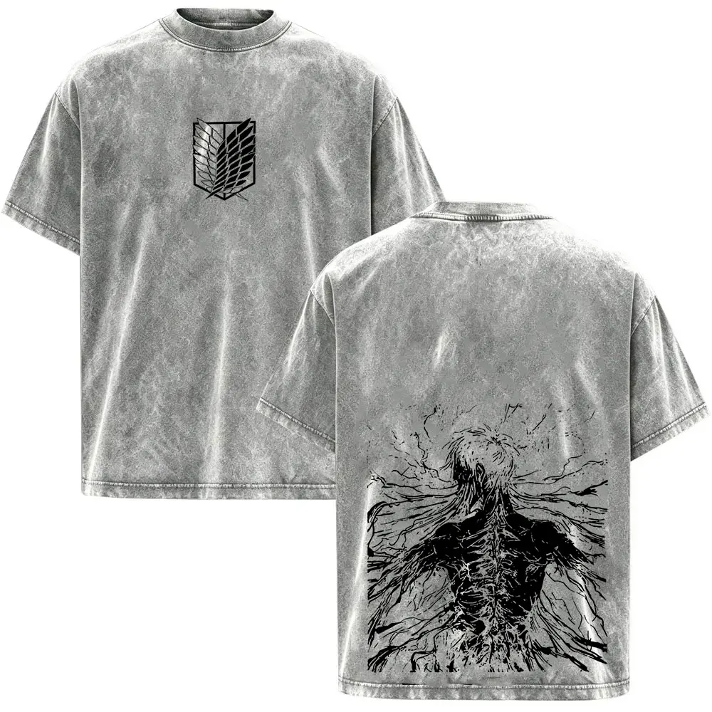 Vintage Washed Attack on Titan Anime T-Shirt für Männer, Neues Manga Eren Yeager Grafik-T-Shirt, Lässiges Baumwoll-Kurzarm-T-Shirt für Herren – Detail 4