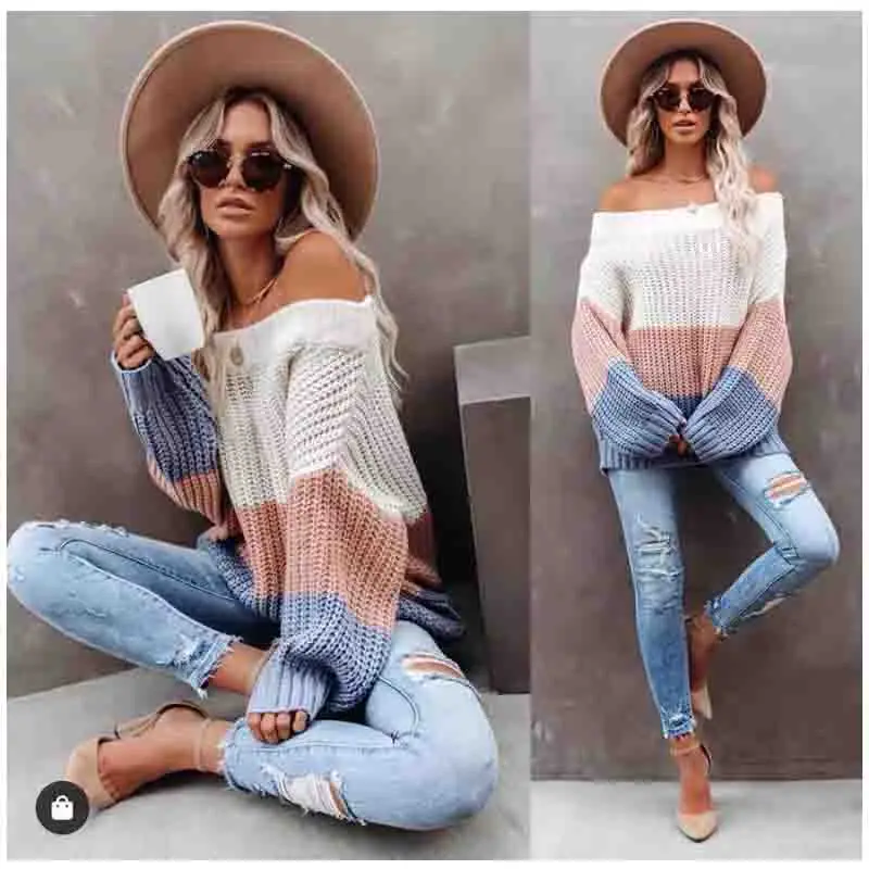 

Autumn Winter New Slash Neck Off Shoulder Women Clothes Patchwork Loose Knitted Pullover Sweater Fashion Casaul Tops 5228