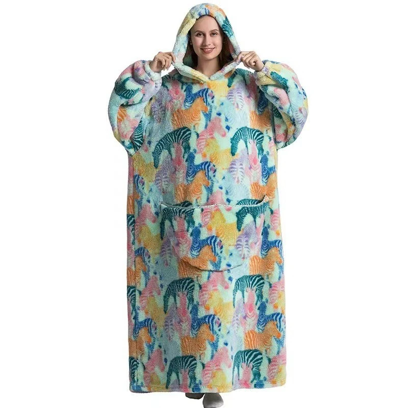 Women Plush Fleece Blanket Men Warm Thick Hoodies Adult Giant TV Blanlets with Sleeves Super Long Cold-proof Homewear Pajamas