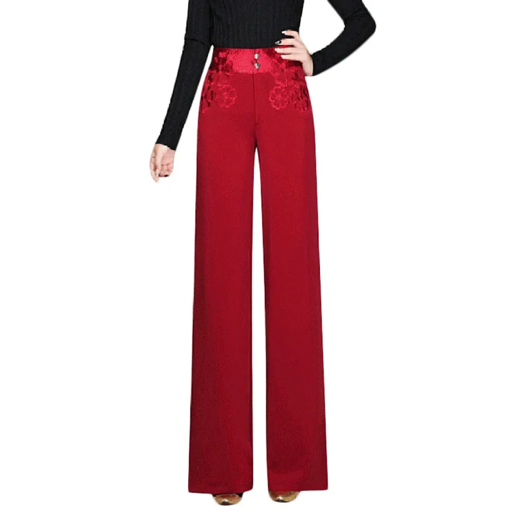 

Women Fashion Pants For Autumn Spring Ladies Elegent Wide Leg Embroidery High Waist Straight Trousers 5XL 6XL Red Z151