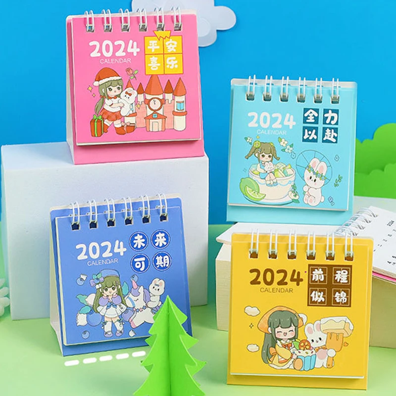 2024 Mini calendario da tavolo Cute Cartoon Girls Rabbits Desktop Note Multi Style Coil Calendar accessori per la scuola dell'ufficio