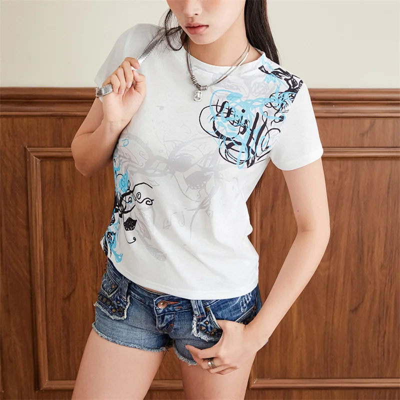 Punk Retro Star Print T-shirt 2000s Sexy Y2k Harajuku Crop Top Short Sleeve Slim Baby Tee Summer Women Gothic Clothes Streetwear