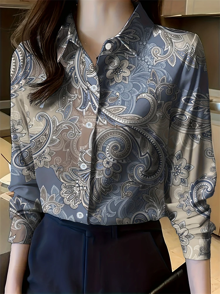 

Новая весенне-летняя женская рубашка с длинными рукавами и лацканами, дизайн с цветочным принтом кешью, повседневный стиль, элегантная модная рубашка
