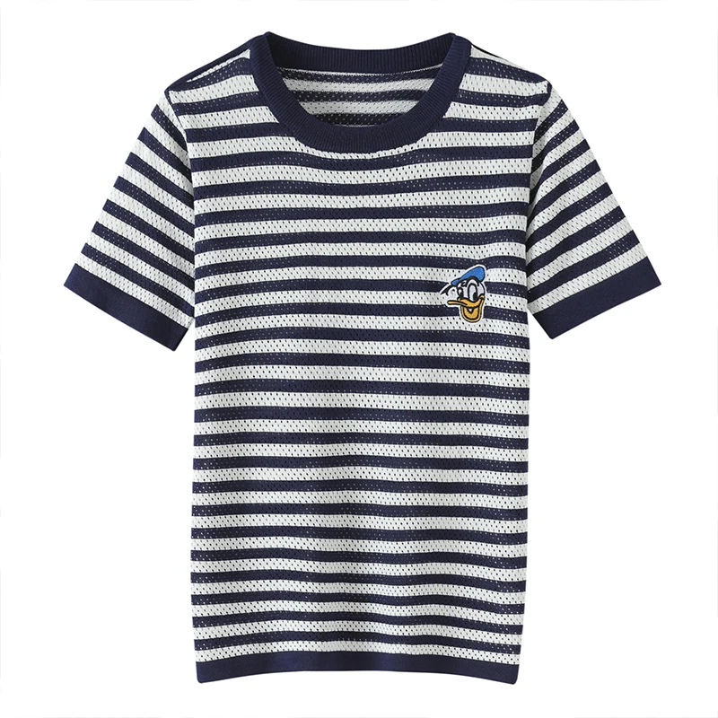 

Summer new knitted short sleeved casual women's T-shirt round neck loose Tees striped pullover Tops cool