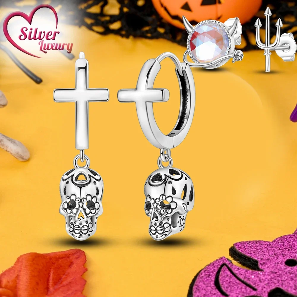 Halloween  925 Sterling Silver Cross Skull Demon Earrings for Halloween Women Earrings Jewelry Accessory Gift