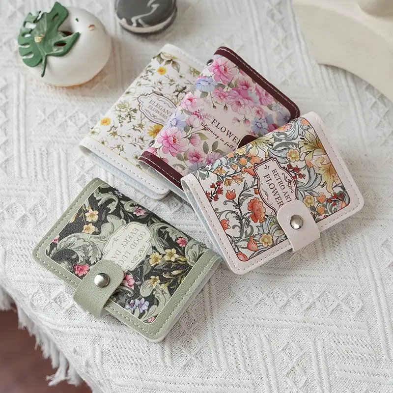 Retro Floral Print PU Leather Card Holder With Snap Closure Multi Slots For Daily Shopping Travel