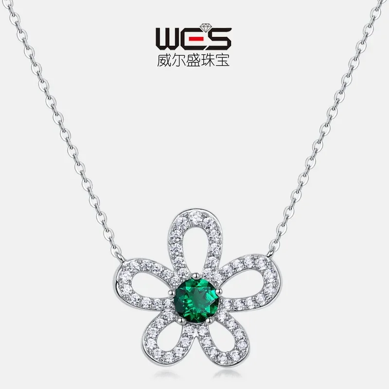 Flower Cultivated Emerald Necklace 18K Gold Set with Cultivated Colored Baby Stones PT950 Platinum Retro