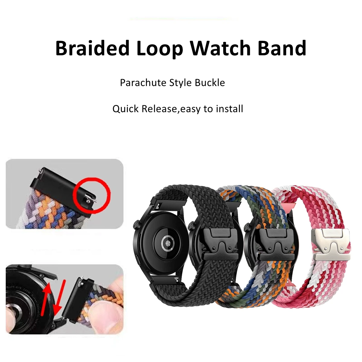 18/20/22mm Parachute Style Buckle Braided Loop for Garmin vivoactive 4/3/3s/Forerunner 255S/Samsung  Watch/Huawei Watch Band