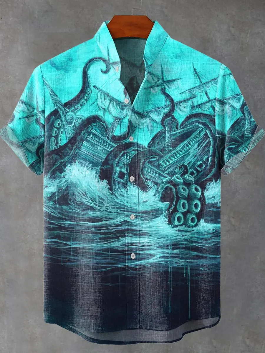 

2025 European and American new product shirt 3D high-end octopus print stand up collar linen button short sleeved shirt