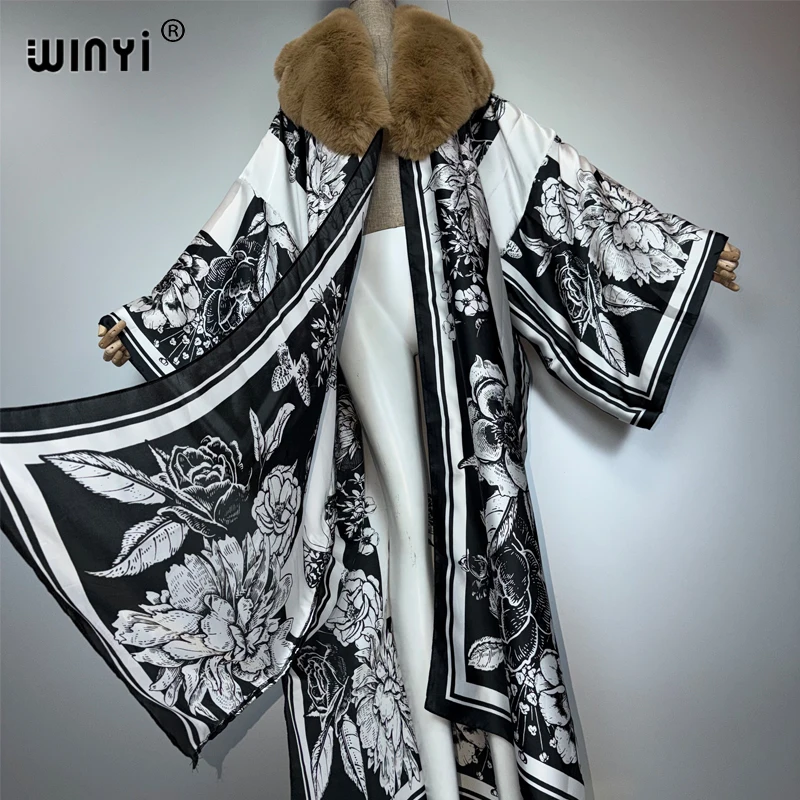 위니이 보헤미안 실크 느낌 기모노 인조 모피 칼라 코트 파티 드레스 아바야 두바이 럭셔리 무슬림 여성 패션 오픈 프론트 카프탄