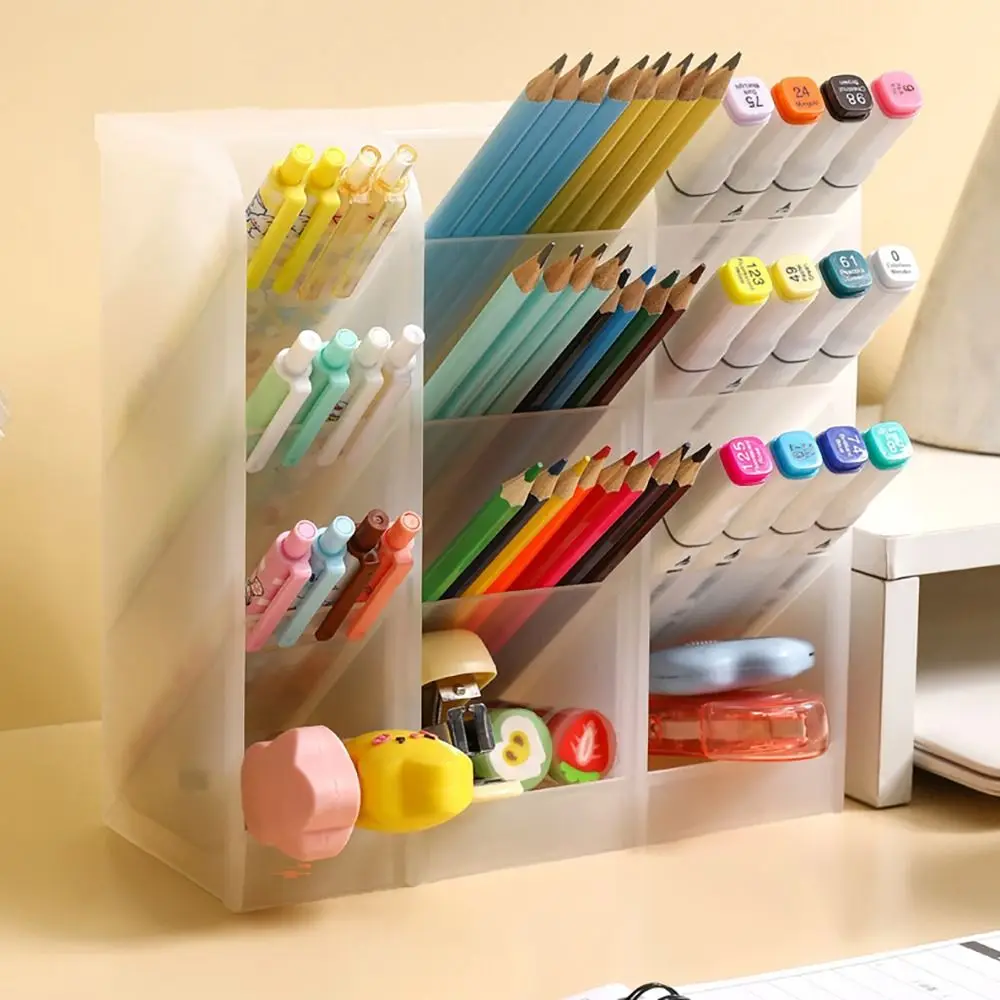 Plastic Pen Holder Frosted Transparent Desktop Organizer High-capacity Oblique Insertion Makeup Brush Storage Bucket For Desk