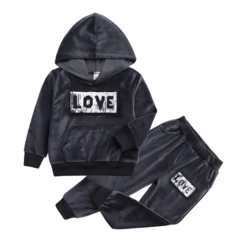 2026 Kids Clothing Toddler Boys Girls Clothes Sets Winter Autumn Suits Children Sports Hooded Sweater Gold Velvet 2pcs Clothes