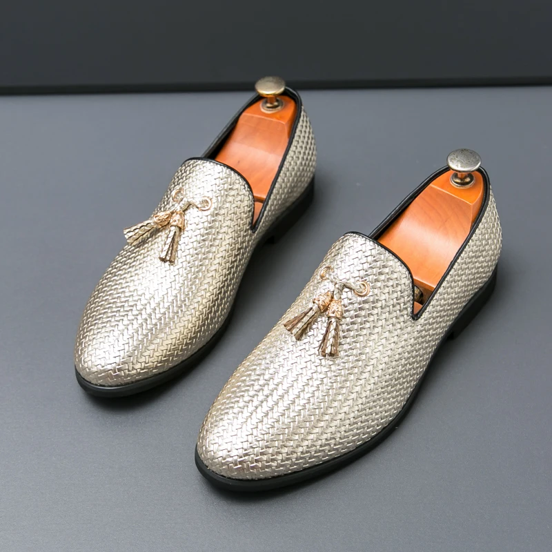 New Luxury  Metallic Lustre Weave Pattern Men's Party Shoes Slip-on Leather Loafers Prom Dress Shoes Wedding Silver Shoes Shoes