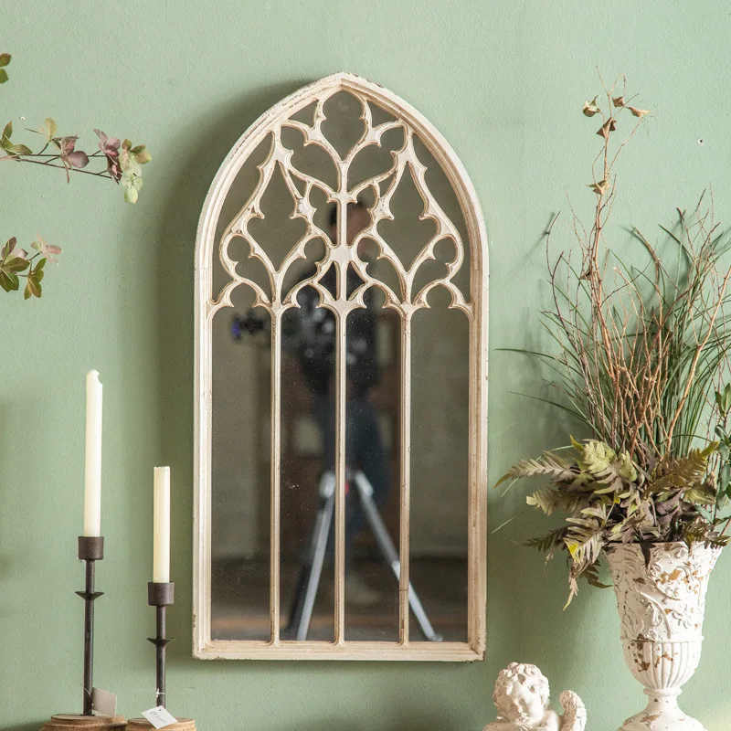 

French fitting mirror vintage distressed solid wood entrance mirror wall mounted clothing store decoration mirror American full