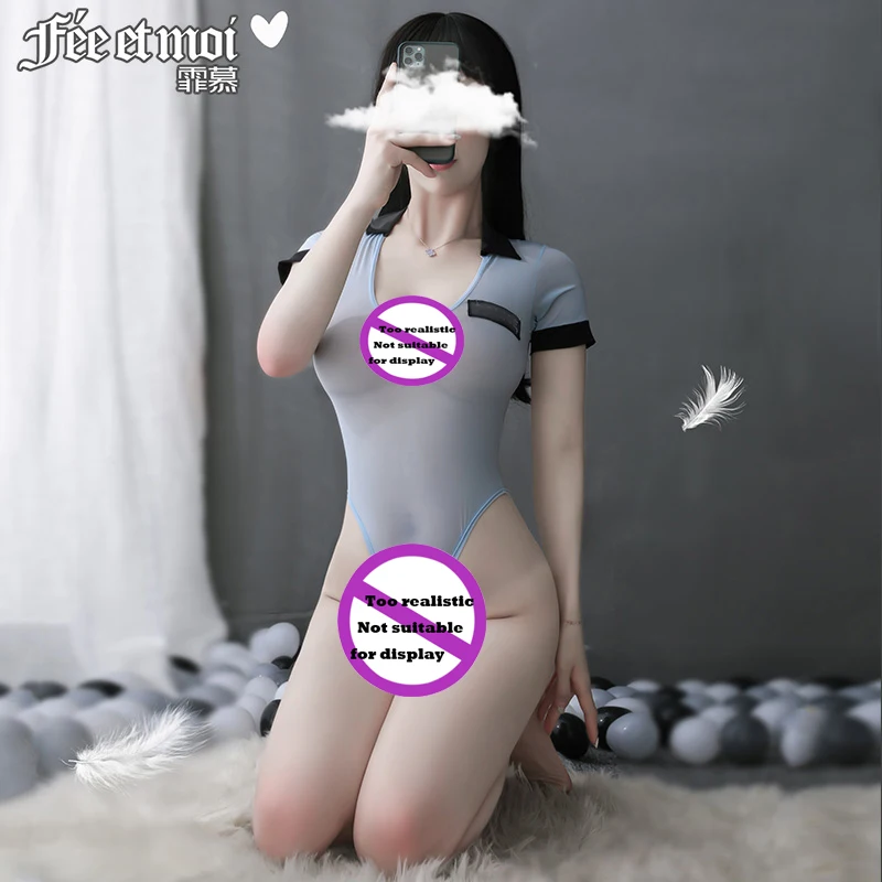 Erotic underwear women's sexy transparent uniform temptation ice silk instructor open file jumpsuit adult products 7948