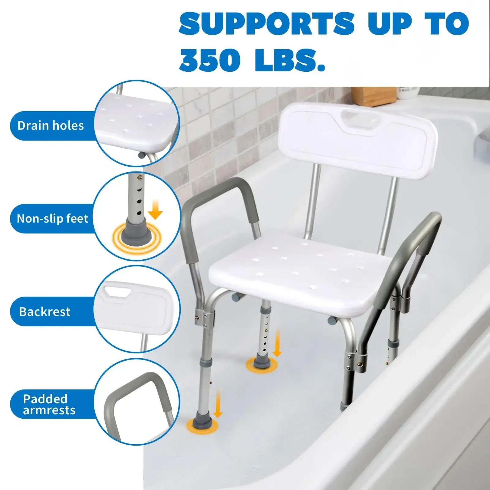 Adjustable Shower Chair with Padded Armrests