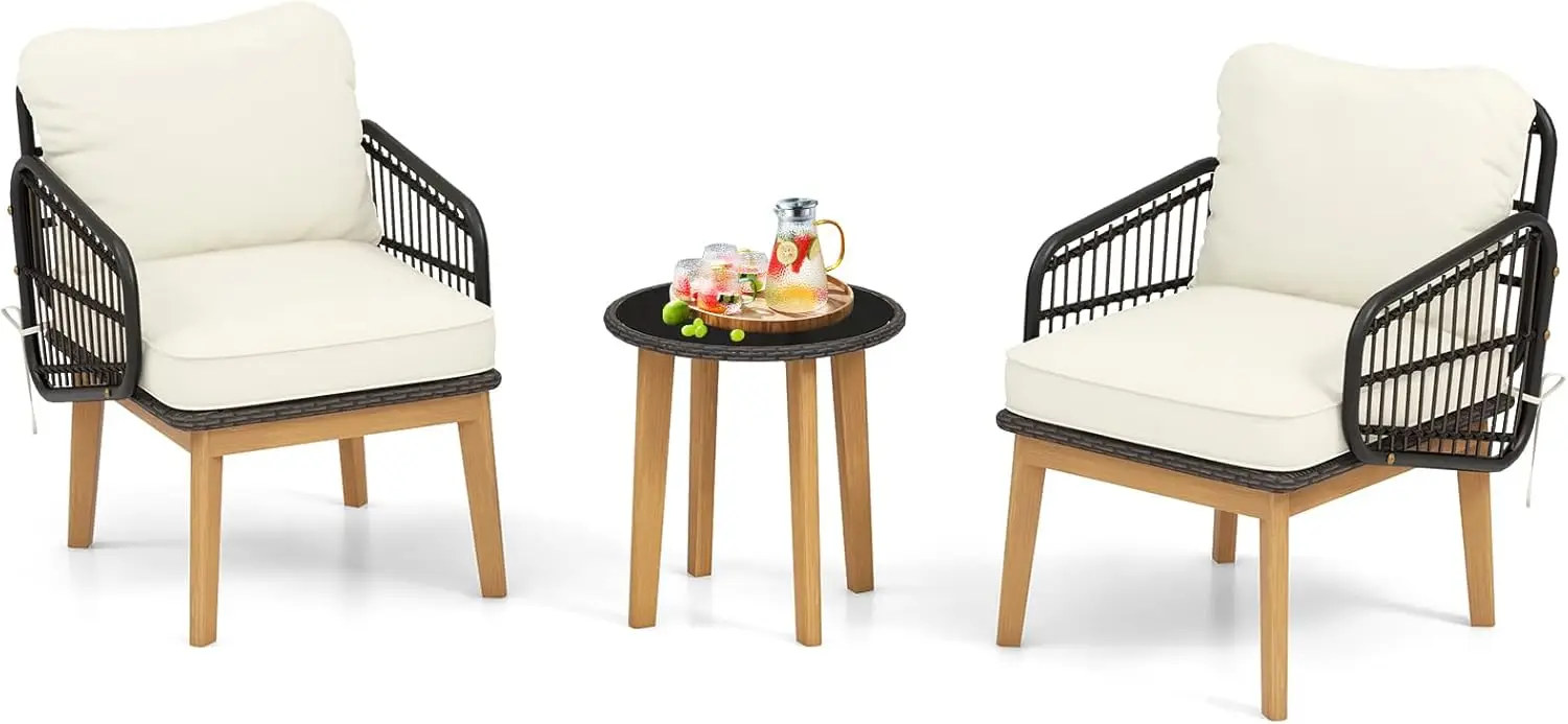 

3 Pieces Patio Furniture Set, Wicker Patio Table and Chairs Set with Cushions, Tempered Glass, Solid Acacia Wood Frame, Outdoor