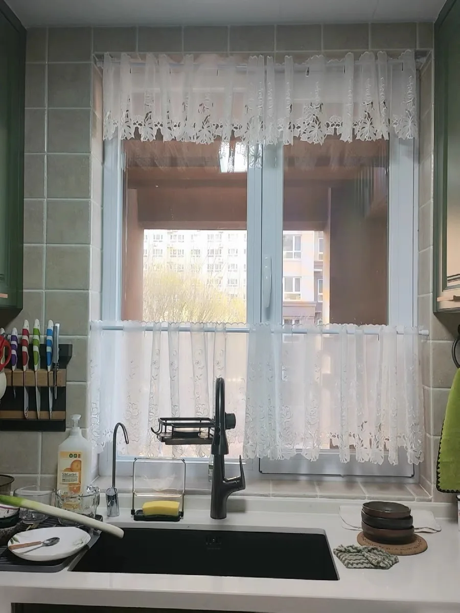 Countryside Half-curtain Luxurious Embroidered Window Valance Lace Hem Coffee Curtain for Kitchen Cabinet Door A-114