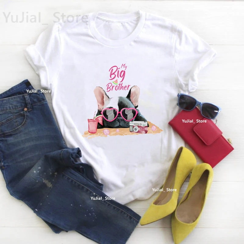 

2025 Hot Sale My Big Brother French Bulldog Print Tshirt Women Kawaii Dog Lover T Shirt Femme Boba Camera Watermelon T-Shirt