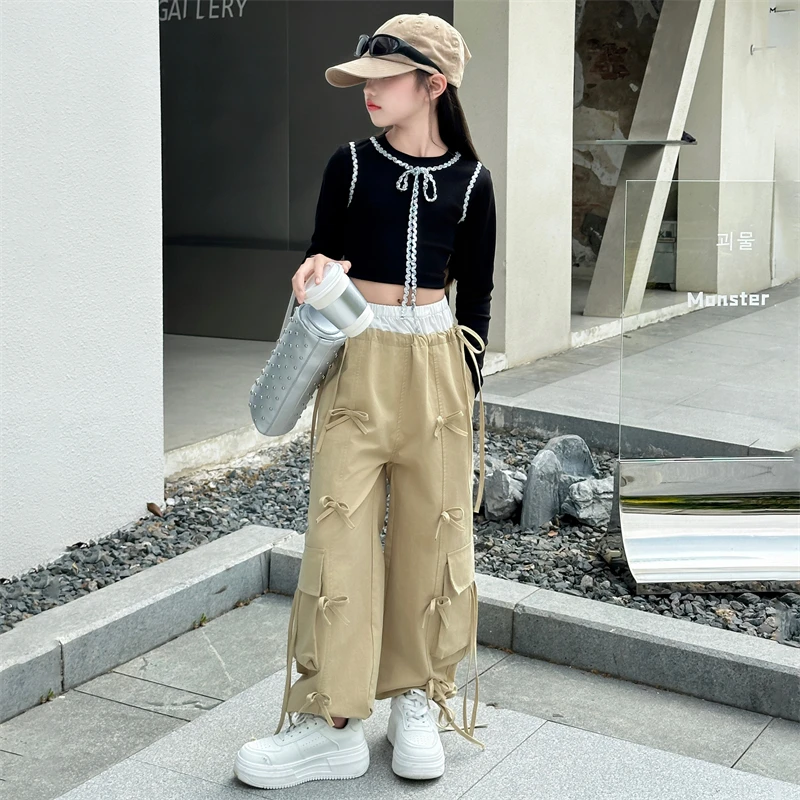 Autumn Girls Work Pants 2024 New Color blocked Loose Wide Leg Street Style Pants Casual Fashion Versatile Bow Childrens Pants 9T