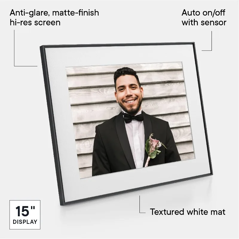 Walden 15" WiFi Digital Picture Frame Quick, Easy Setup in Aura App | Free Unlimited Storage | Ink with White Mat