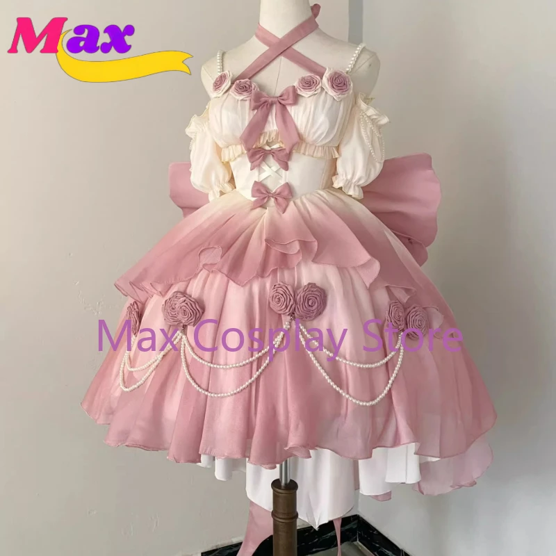 

Retro Victorian Lolita Dress Elegant Women Sweet Bow Pearl Chain Ruffles Rose Flower Dresses Kawaii Gradient Pink Princess Dress