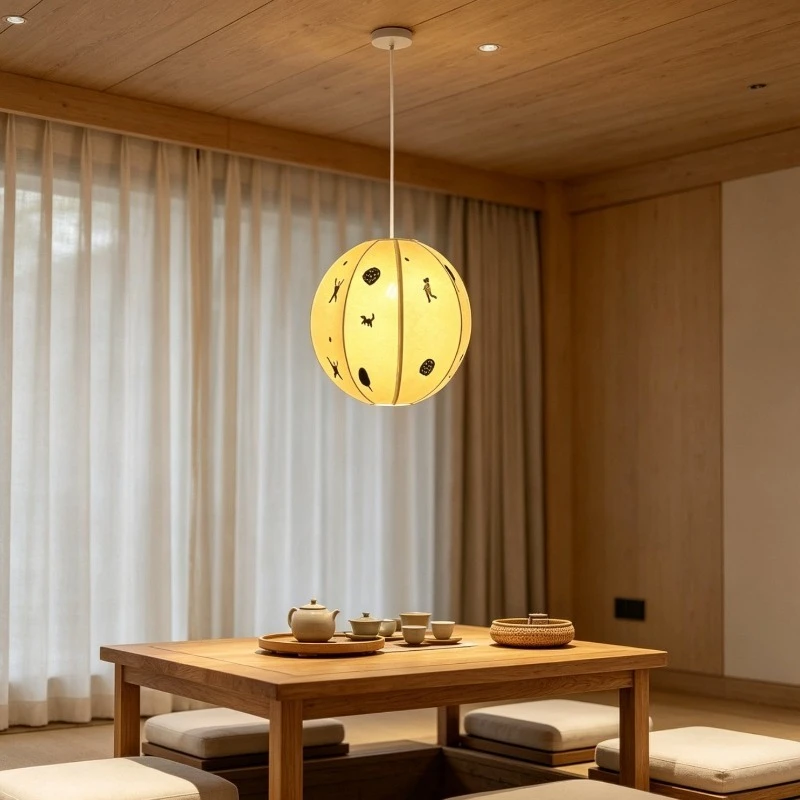 Hand painted simple wind villain pattern spherical fabric chandelier bedroom living room