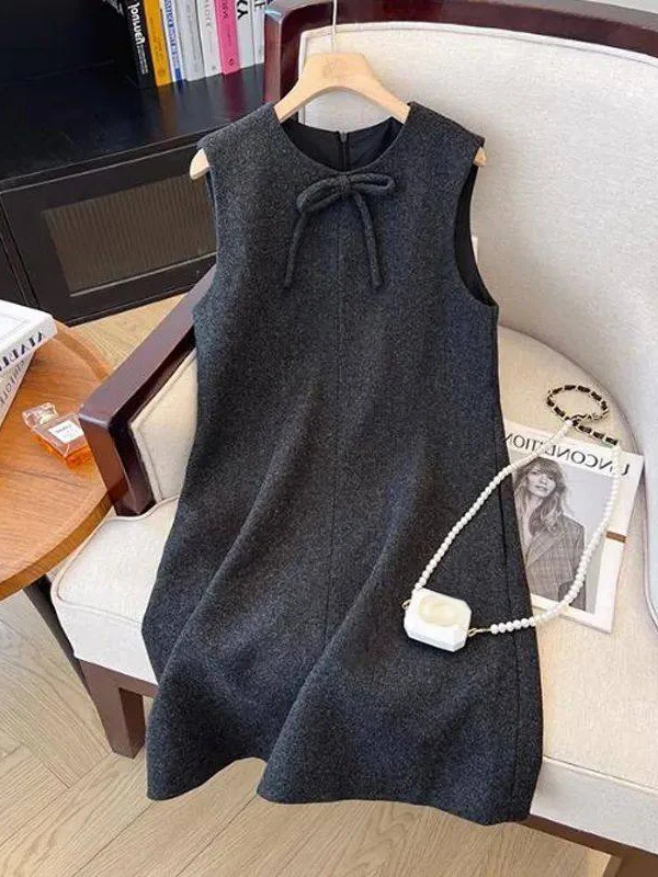 Korean Style Vintage Woolen Vest Dress Spring 2026 High Waist A-Line Skirt  Knot Sleeveless Ladies Casual Dress