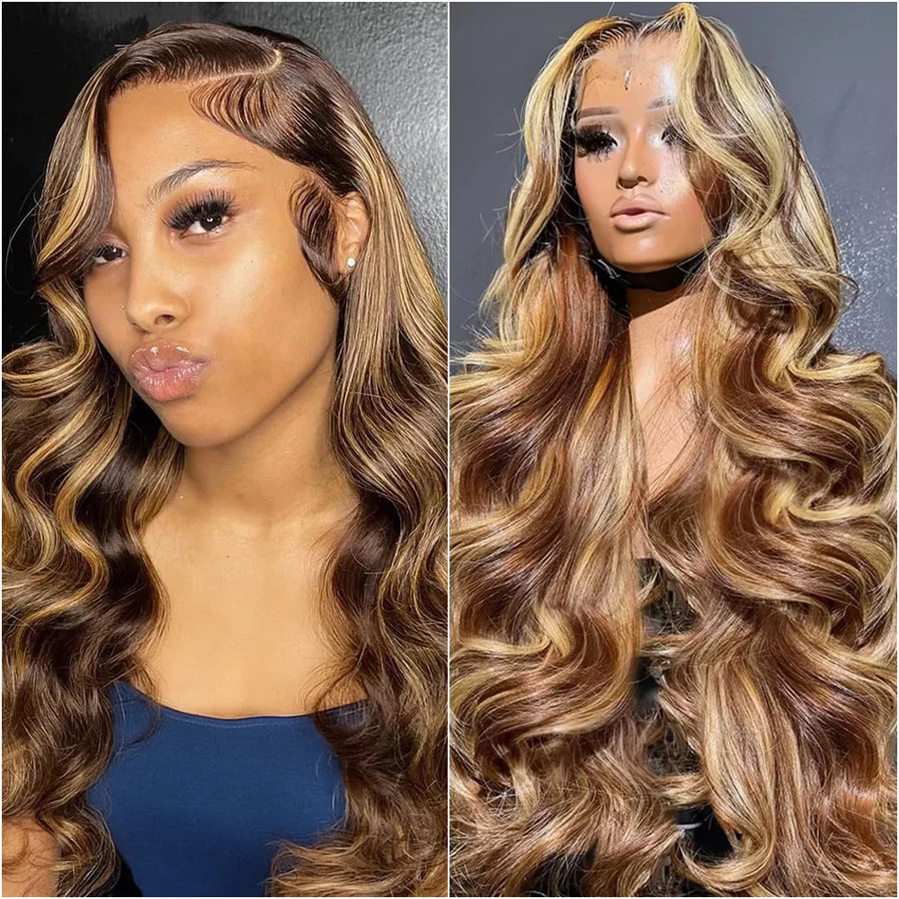 

220% Плотность Блондинка Выделите 13x6 HD Парик Фронта Шнурка Объемная Волна P4/27 Цветные 13x4 Кружевные Фронтальные Бразильские Парики Человеческих Волос 40 Дюймов