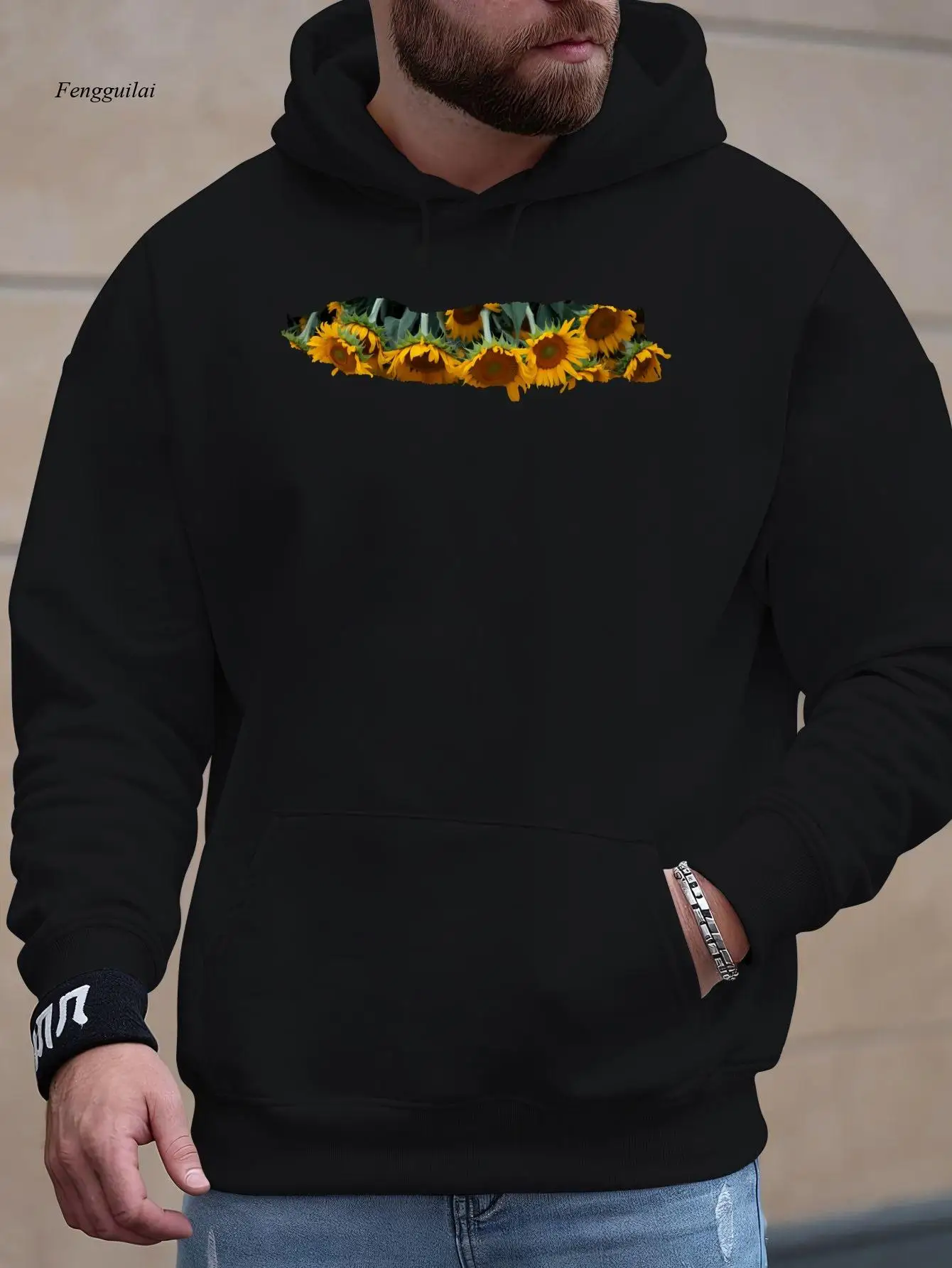 سويت شيرت بغطاء للرأس بطبعة عباد الشمس الحمراء - دفء شتوي مخملي ناعم، سترة صوفية كاجوال بتصميم زهور أسود وأصفر