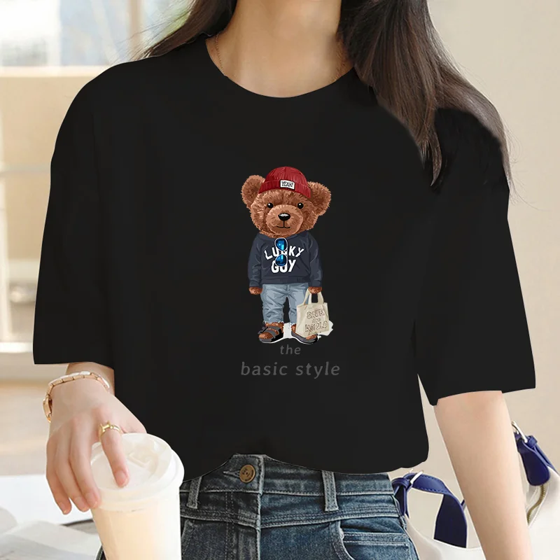 Harajuku Cute Bear For Women's High-Quality Summer Print T-shirt 100% Cotton Casual Oversized Y2k 2023 Personality Sleeve O-neck