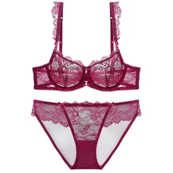 Sexy Hollow Push Up Bra Set French Ultra Thin Lace Embroidery Women Underwear Burgundy Breathable Temptation Plus Size Lingerie