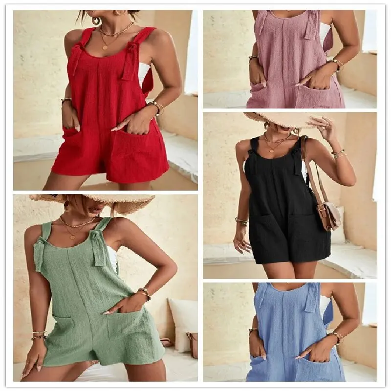 

Cross-Border Wi eBay Women's Pure Color Patch ket Belted Cotton Linen Overalls Low Waist ort Length Spring 2023