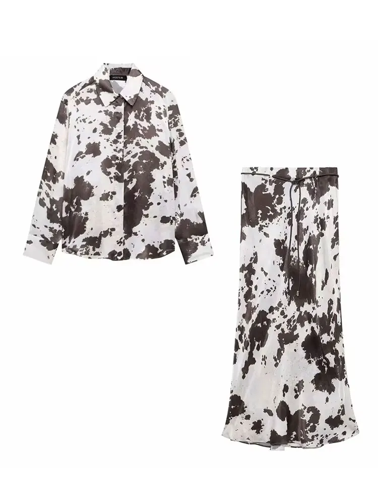 HH Abito da donna con stampa animalier alla moda primaverile da strada, maniche lunghe, risvolto, camicia monopetto + gonna a coda di pesce a vita alta legata