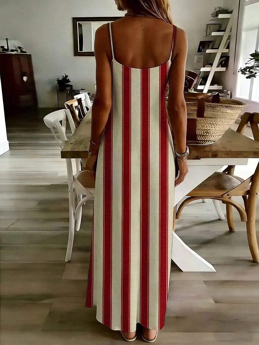 

Striped Sleeveless Maxi Dress With Thin Straps V Neck Casual Summer Beach Party Outfit