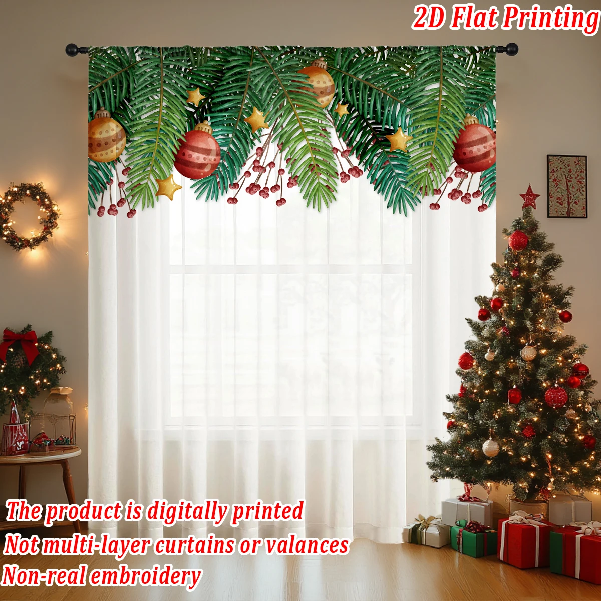 Christmas Flat Printing Sheer Curtain with Christmas Ball Berry Star Pine Branch for Living Room Bedroom Decor Holiday Party