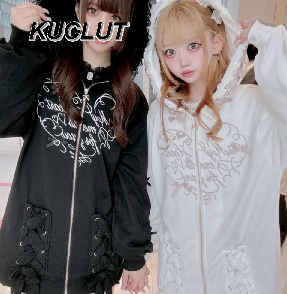 

Повседневная толстовка в японском стиле, осень-зима, толстовка средней длины, универсальное пальто на молнии, кружевное лоскутное свободное пальто на молнии с капюшоном