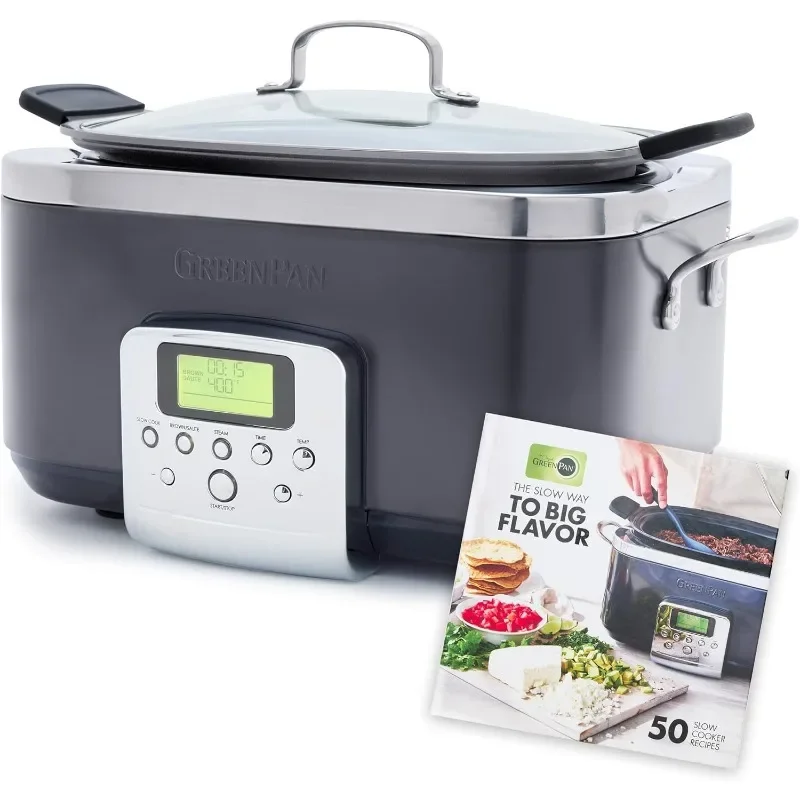 GreenPan Elite 8-in-1 Programmable 6 Quart Electric Slow Cooker, GlassLid & Removable Crock