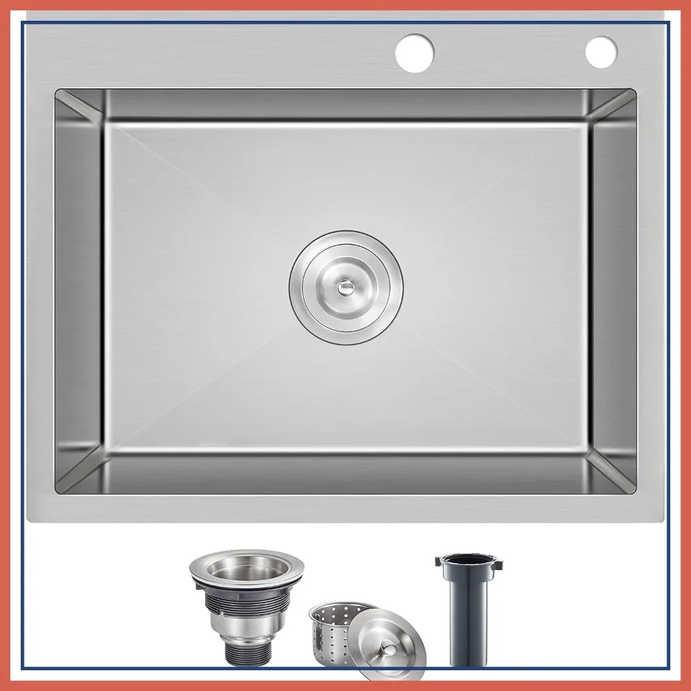 24 Inch Drop-in Kitchen Sink, 304 Stainless Steel Single Bowl Workstation Sink with Drain Kit, Brushed, 24x18x9