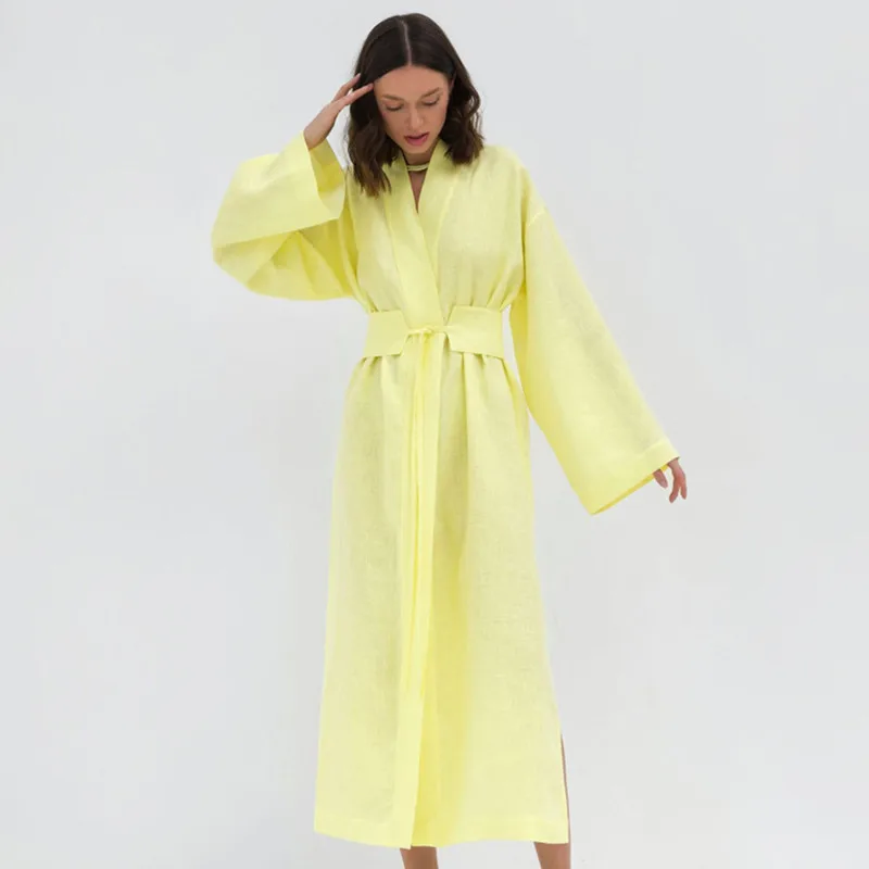 

Cotton Loose Long Autumn Dress Women Belt Casual Holiday Dresses A-Line Elegant Split Dress Robe Femme