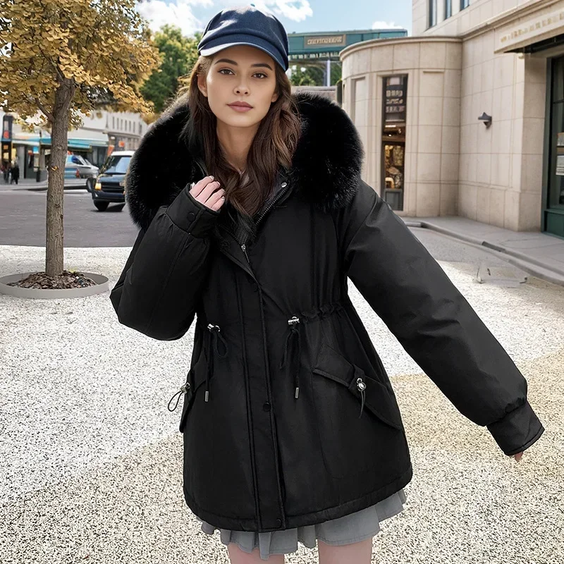 2024 Fashion Women Winter Jacket Fake Fur Collar Oversized Long Coat Hooded Warm Lining Female Puffer Down Cotton Jacket Parkas