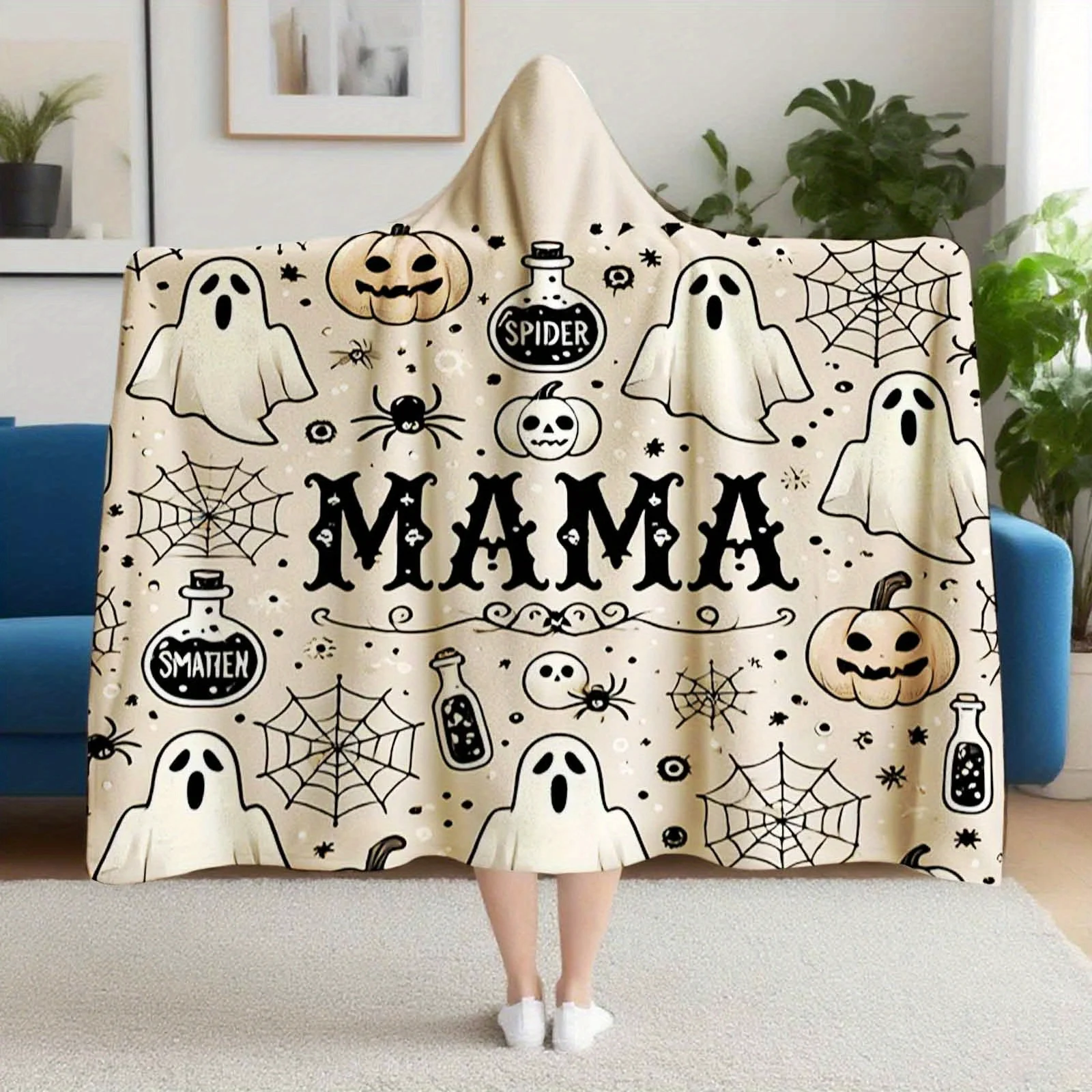 Halloween Hooded Blanket with Ghosts Pumpkins Spiders Cozy Flannel All-Season Throw for Women Men Moms Teachers